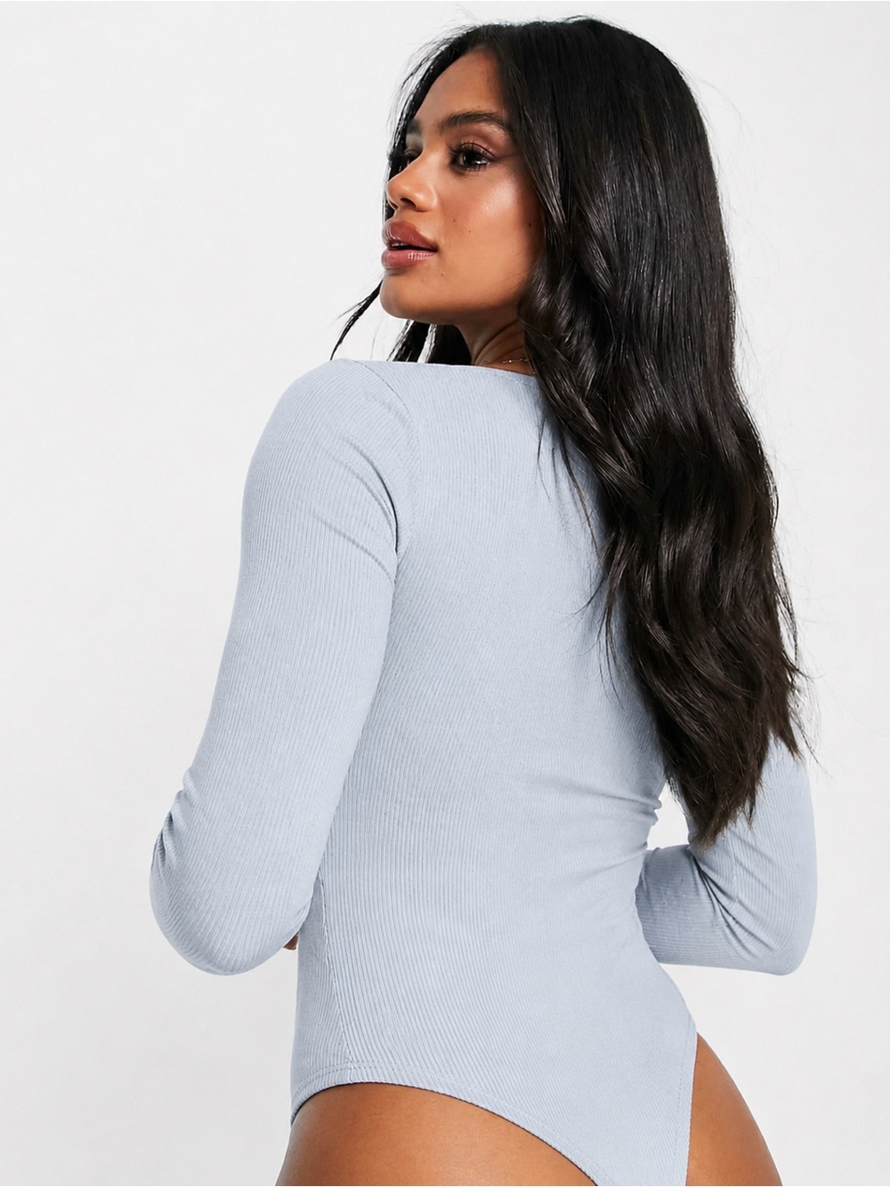 Abercrombie & Fitch Bodysuit XXL Light Blue Ribbed V Neck Long Sleeve